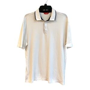 IZOD,MENS SHORT SLEEVE POLO SHIRT. WHITE WITH BLACK TRIM,3 BUTTON PLACKET.SIZE M